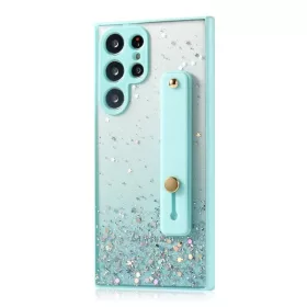   Apple iPhone 15 Plus, Szilikon tok, közepesen ütésálló, kézpánttal, színátmenetes, csillogó minta, Wooze Strap Star, mintás/menta