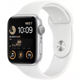   Bemutató készülék, Apple Watch SE (v2) okosóra, 44mm, Ezüst alumínium, fehér szíj