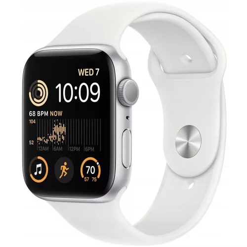 Bemutató készülék, Apple Watch SE (v2) okosóra, 44mm, Ezüst alumínium, fehér szíj