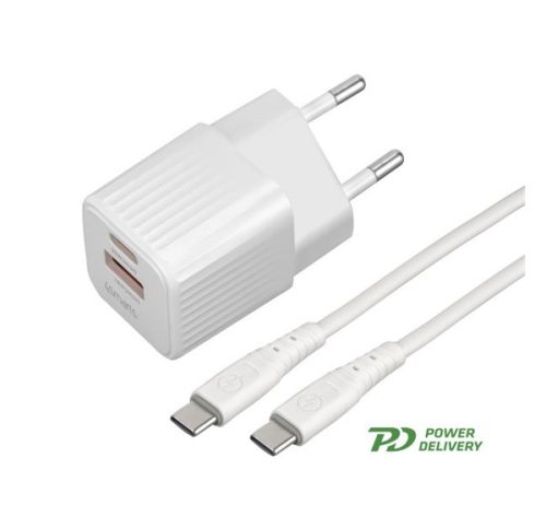 4smarts VoltPlug Duos hálózati gyorstöltő adapter, USB, Type-C, 20W + Type-C kábel, 1,5m, fehér