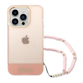   Guess Camera Outline Translucent Apple iPhone 14 Pro Max hátlap tok szíjjal, rózsaszín