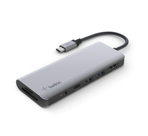 Belkin Connect Type-C USB Hub, 2XUSB 3.0, Type-C. HDMI, 3,5mm jack, kártyaolvasó, szürke