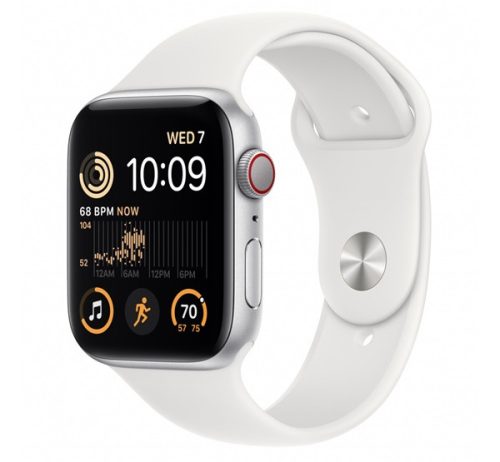 Apple Watch SE (2022) GPS + Cellular 44mm ezüstszínű alumíniumtok, fehér sport szíj