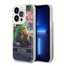   Guess Flower Liquid Glitter Apple iPhone 14 Pro hátlap tok, kék