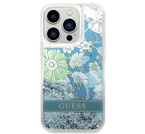 Guess Flower Liquid Glitter Apple iPhone 14 Pro hátlap tok, zöld