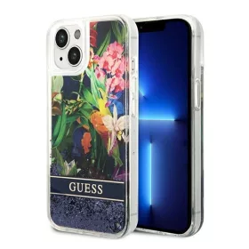   Guess Flower Liquid Glitter Apple iPhone 14 hátlap tok, kék