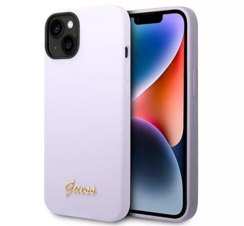 Guess Silicone Vintage Gold Apple iPhone 14 hátlap tok, lila
