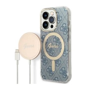   Guess 4G Print MagSafe Apple iPhone 14 Pro hátlap tok, kék + MagSafe töltő