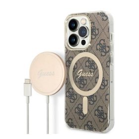   Guess 4G Print MagSafe Apple iPhone 14 Pro hátlap tok, barna + MagSafe töltő