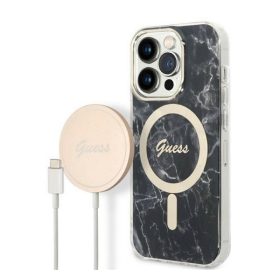   Guess Marble MagSafe Apple iPhone 14 Pro hátlap tok, fekete + MagSafe töltő