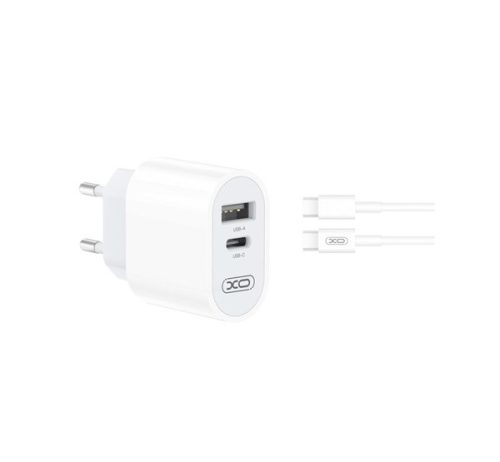 XO L97 hálózati gyorstöltő adapter, USB, Type-C, 2,4A, Type-C - Type-C kábel, fehér