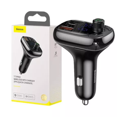 Baseus S-13 autós szivargyújtó töltő és Bluetooth MP3/FM transzmitter, 2XUSB, 1xUSB-C, fekete