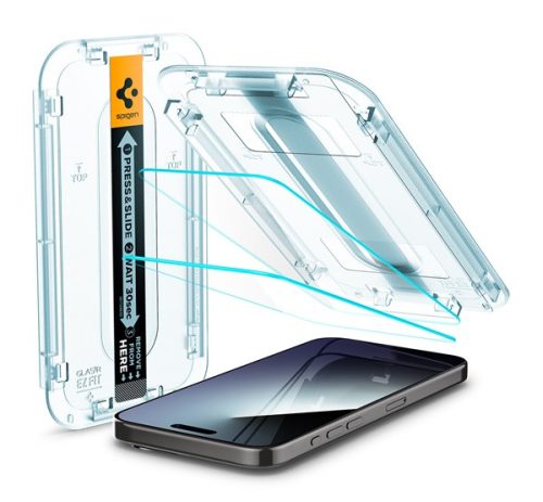 Spigen Glas.tR EZ Fit Apple iPhone 15 Pro Max Tempered kijelzővédő fólia felhelyező kerettel (2db)