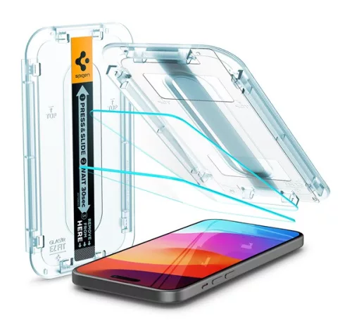 Spigen Glas.tR EZ Fit Apple iPhone 15 Plus / iPhone 16 Plus Tempered kijelzővédő fólia felhelyező kerettel (2db)