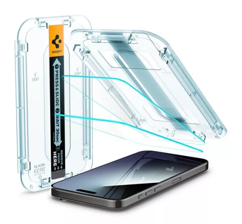 Spigen Glas.tR EZ Fit Apple iPhone 15 Pro tempered kijelzővédő fólia felhelyező kerettel (2db)