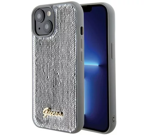 Guess Sequin Script Metal Apple iPhone 15 hátlap tok, ezüst