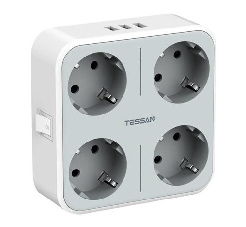 Tessan TS-302-DE hálozati elosztó 4 aljzat, 3xUSB, kapcsológombbal, 3600W, fehér