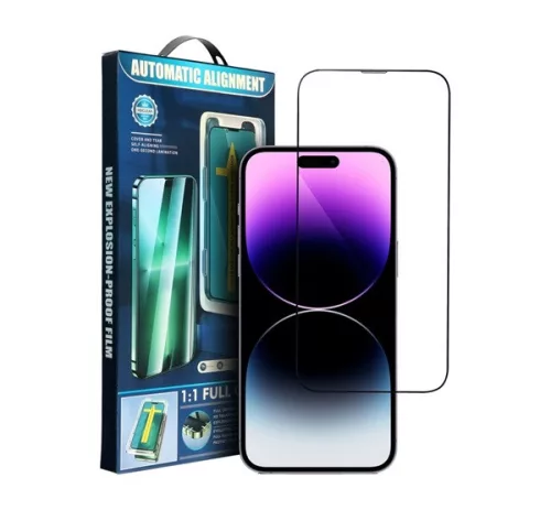 Apple iPhone 15 Plus / iPhone 16 Plus 5D Full Glue hajlított tempered glass kijelzővédő üvegfólia felhelyezőkerettel, fekete