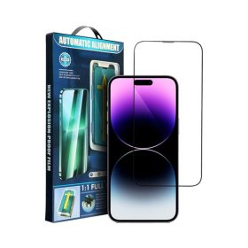   Apple iPhone 15 Pro Max, 5D Full Glue hajlított tempered glass kijelzővédő üvegfólia felhelyezőkerettel, fekete