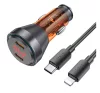 Hoco autós töltő 2 x USB-C QC 30W digitális kijelzővel, USB-C kábellel,  (Lightning PD60W) átlátszó narancssárga