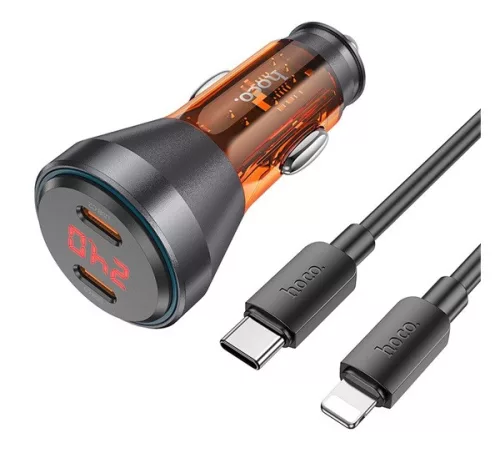 Hoco autós töltő 2 x USB-C QC 30W digitális kijelzővel, USB-C kábellel,  (Lightning PD60W) átlátszó narancssárga