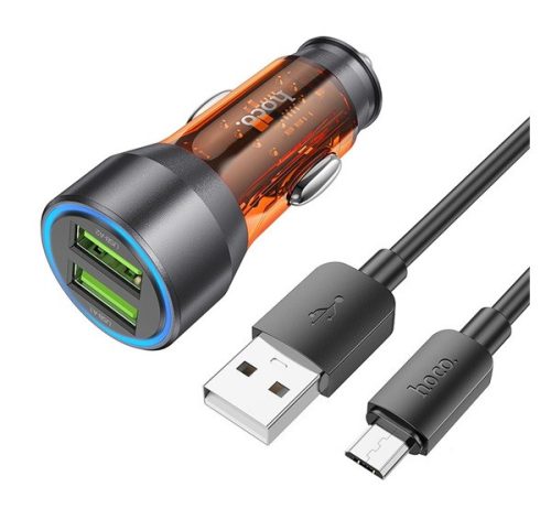 Hoco NZ12 autós töltő 2 x USB QC 18W +  Micro USB kábel, átlátszó / narancssárga