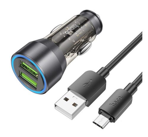 Hoco NZ12 autós töltő 2 x USB QC 18W + Micro USB kábel, átlátszó / fekete