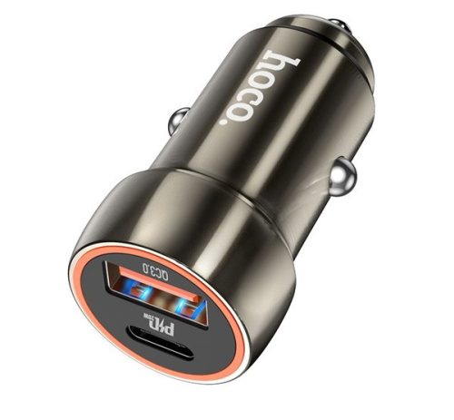 Hoco Z46A autós szivargyújtó töltő, USB-C + USB-A QC3.0, 20W, metálszürke