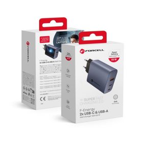   Forcell hálózati gyorstöltő 2xUSB-C + USB-A, PD + QC 4.0, 4A, GaN 65W, szürke