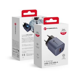   Forcell hálózati gyorstöltő USB-C + USB-A, PD + QC 4.0, 3A, 33W, kék