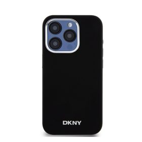   DKNY Liquid Silicone Silver Metal Logo Magsafe iPhone 15 Pro hátlap tok, fekete