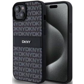   DKNY PU Leather Repeat Pattern Tonal Stripe Apple iPhone 15 Plus hátlap tok, fekete
