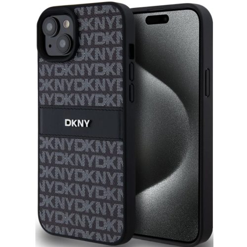 DKNY PU Leather Repeat Pattern Tonal Stripe Apple iPhone 15 Plus hátlap tok, fekete