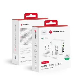   Forcell 4in1 univerzális töltő, Power bank / külső akkumulátor / power bank vezeték nélküli töltéssel, USB/USB-C, (15W/8000mAh) fehér