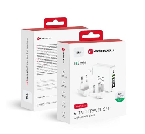 Forcell 4in1 univerzális töltő, Power bank / külső akkumulátor / power bank vezeték nélküli töltéssel, USB/USB-C, (15W/8000mAh) fehér