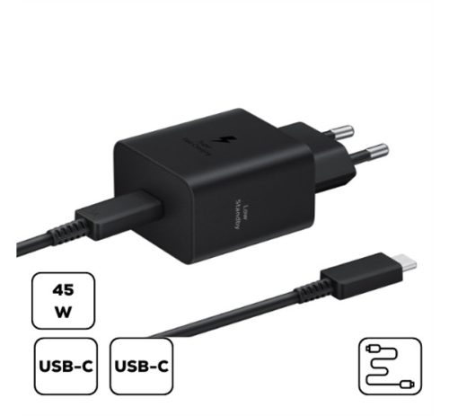 Samsung hálózati adapter USB-C + USB-C kábellel, PD, 45W, Fekete