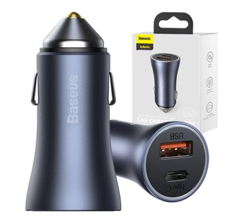 Baseus Golden Contactor Pro autós szivargyújtó töltő, USB-A + USB-C, QC4.0, PD, SCP, 40W, szürke