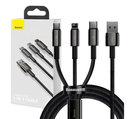 Baseus Tungsten Gold 3in1 USB-kábel, USB / micro-USB / USB-C / Lightning, 3,5 A, 1,5 m, fekete