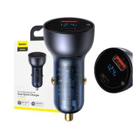   Baseus autós szivargyújtó töltő digitális kijelzővel, USB-A + USB-C, QC3.0+PD, 5A, 65W, fekete