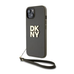   DKNY PU Leather Stack Logo Apple iPhone 15 hátlap tok csuklópánttal, barna