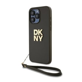   DKNY PU Leather Stack Logo Apple iPhone 15 Pro hátlap tok csuklópánttal, barna