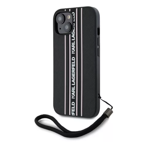 Karl Lagerfeld PU Saffiano Athleisure Apple iPhone 15 hátlap tok csuklópánttal, rózsaszín