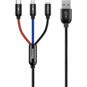   USB töltő- és adatkábel 3in1, USB Type-C, Lightning, microUSB, 30 cm, 3500 mA, gyorstöltés, cipőfűző minta, Baseus Three Primary Colors, CAMLT-ASY01, fekete/színes