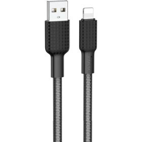   USB töltő- és adatkábel, Lightning, 100 cm, 2400 mA, törésgátlóval, gyorstöltés, cipőfűző minta, Hoco X69 Jaeger, fekete/fehér