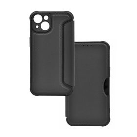   Apple iPhone 14 Plus, Oldalra nyíló tok, légpárnás sarok, bőrhatású, karbon minta, Razor Book, fekete