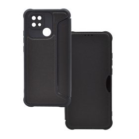   Xiaomi Redmi 10C, Oldalra nyíló tok, légpárnás sarok, bőrhatású, karbon minta, Razor Book, fekete