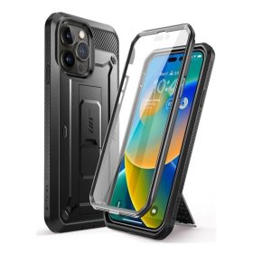   Apple iPhone 14 Pro, Műanyag hátlap védőtok + képernyővédő, közepesen ütésálló, telefontartó gyűrű, kitámasztóval, övre fűzhető, SupCase Unicorn Beetle Pro, fekete