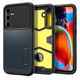   Samsung Galaxy S23 FE SM-S711, Szilikon tok, műanyag hátlappal, kitámasztóval, Spigen Slim Armor, sötétkék