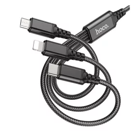   USB töltő- és adatkábel 3in1, USB Type-C, Lightning, microUSB, 100 cm, 2000 mA, gyorstöltés, cipőfűző minta, Hoco X76 Super, fekete