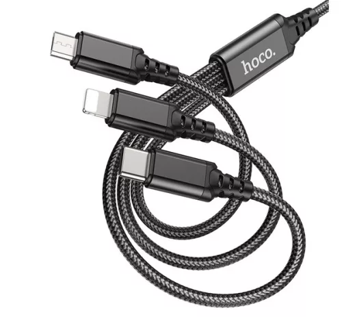 USB töltő- és adatkábel 3in1, USB Type-C, Lightning, microUSB, 100 cm, 2000 mA, gyorstöltés, cipőfűző minta, Hoco X76 Super, fekete